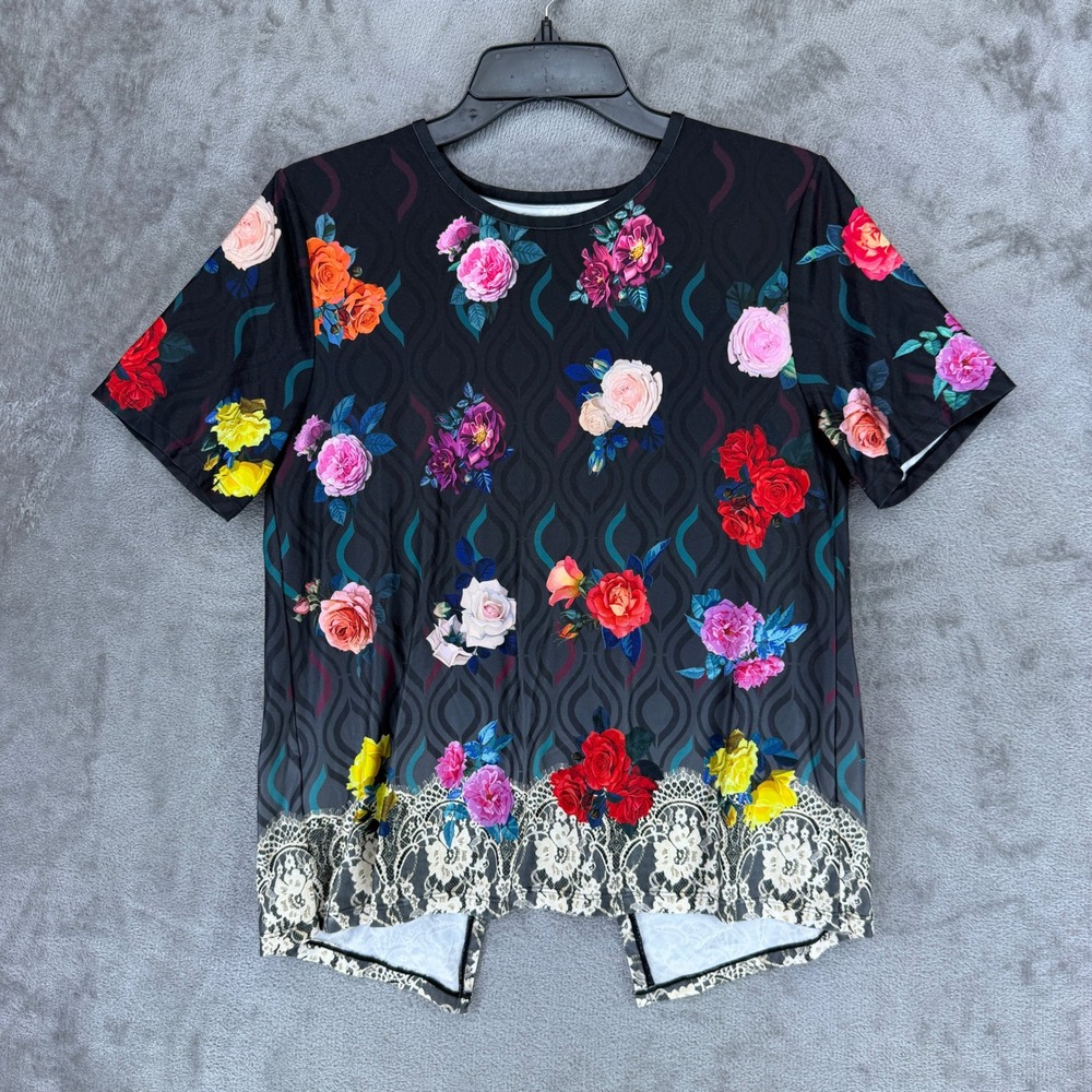 Johnny Was Active‎ Women Black Floral Lace Trim Split Back Short Sleeve Top S